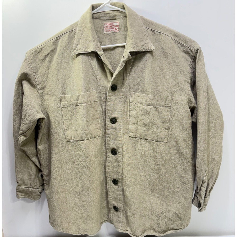 Diesel J&W Workshirt Men L Y2K Khaki Tan Cotton Button Down Utility Chore Shirt